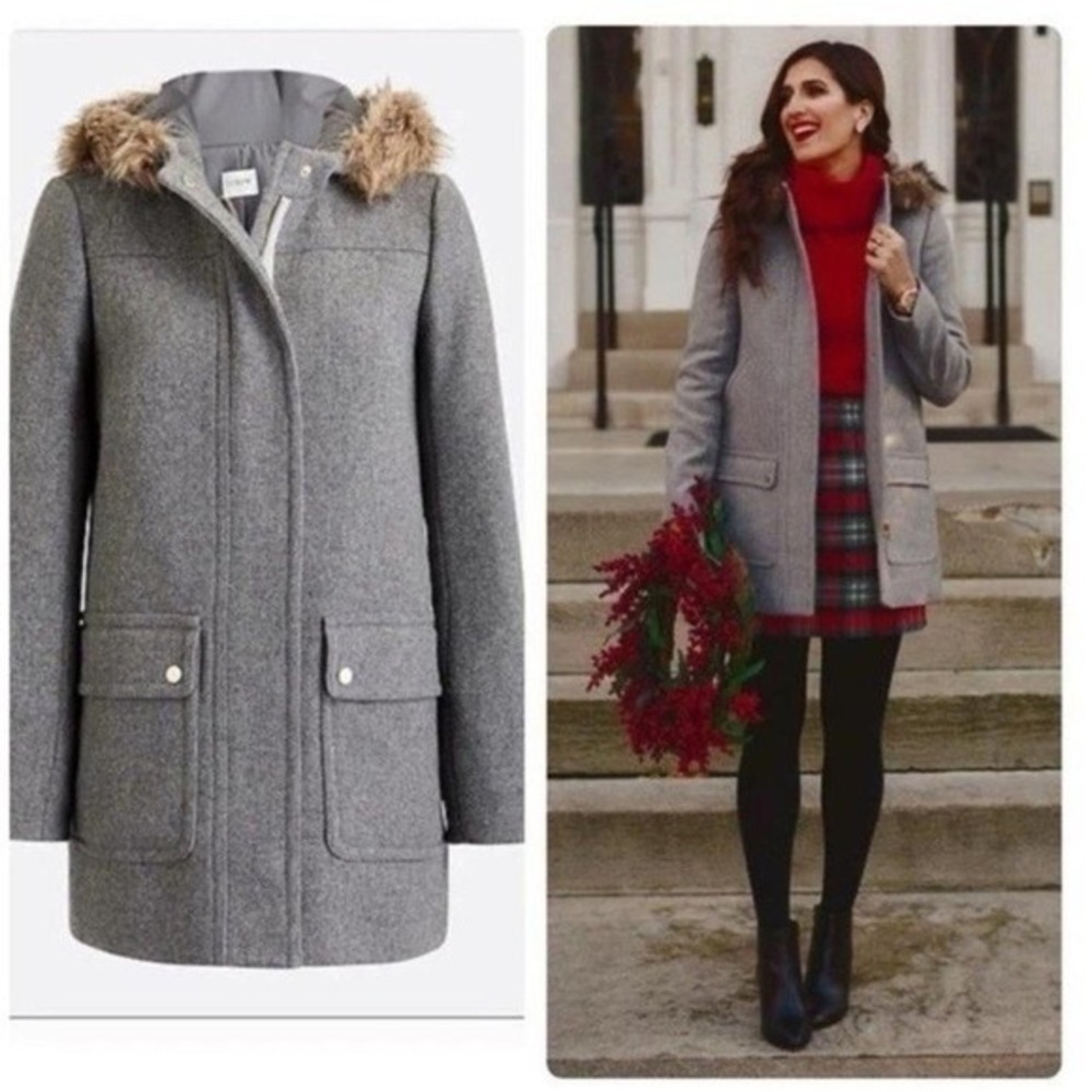 J. Crew Gray Wool Blend Snap Faux Fur Hooded Coat Women 00 Old Money Capsule